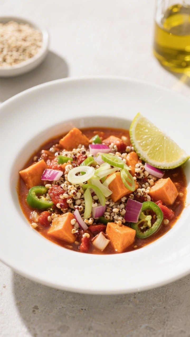 45-degree plated weeknight bowl of Sweet Potato & Quinoa Power Chili: tender 1/2-inch orange sweet potato cubes, pearly quinoa threads throughout, diced red onion and poblano pepper pieces, and flecks of minced garlic in a vibrant tomato base; served in a wide white ceramic bowl topped with thinly sliced scallions and a lime wedge on the rim; background shows a small dish of rinsed dry quinoa and a drizzle of olive oil in a glass cruet; bright, energetic weeknight mood with natural daylight and crisp shadows, focus on hearty textures and contrasting colors.