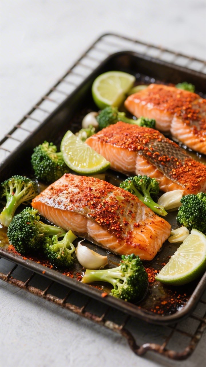 45-degree sheet-pan presentation: chili-lime salmon fillets, skin-on, roasted until edges are caramelized, nestled with garlicky broccoli florets; rub of chili powder, smoked paprika, cumin, garlic powder, and kosher salt visible on the fish; lime wedges and a glisten of olive oil; dark metal pan on a rustic baking rack for contrast, vibrant orange-red spice crust against deep green broccoli