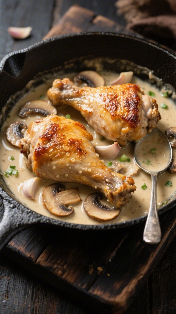 45-degree skillet action shot: crispy, golden chicken thighs (bone-in, skin-on) with crackling skin resting in a creamy mushroom pan sauce. Sliced cremini mushrooms and minced garlic visible, sauce enriched with chicken broth and heavy cream, reduced to a satin sheen around the thighs. Tiny bubbles at the edges, spoon trail showing sauce thickness, cast-iron skillet on a dark rustic board for cozy bistro vibes.