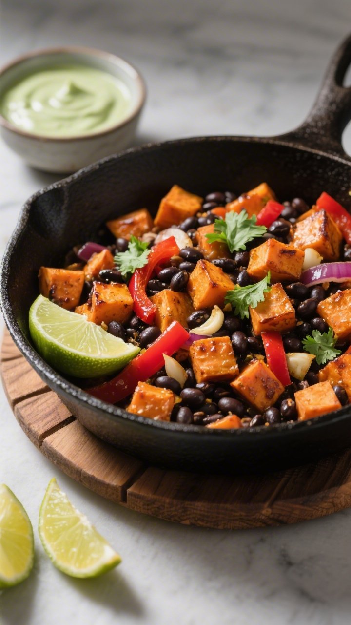 45-degree skillet action shot of Black Bean and Sweet Potato Skillet: caramelized, small-diced sweet potatoes with red bell pepper and red onion, sautéed in olive oil with garlic, tossed with black beans. Garnished with cilantro and served with a side bowl of zesty lime crema, lime wedges scattered. Cast-iron skillet on a wooden trivet, vibrant contrasting colors, appetizing sear.