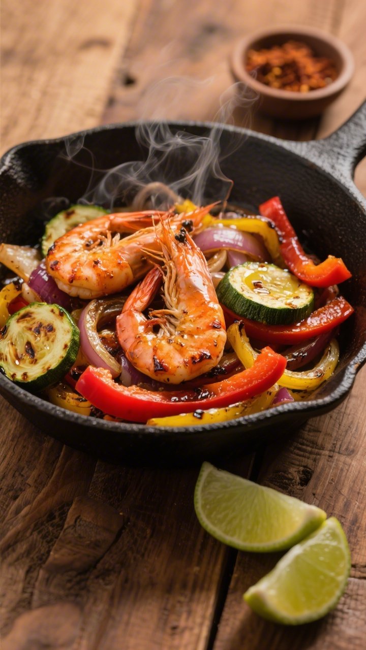 45-degree skillet action shot of smoky chipotle shrimp fajitas: large shrimp seared with a chili-chipotle sheen, nestled among charred red and yellow bell pepper strips, caramelized onion, and seared zucchini half-moons; olive oil glistening, wisping steam, and light charring on veggies; served straight in a cast-iron skillet on a warm wood surface with lime wedges and a small bowl of smoky seasoning; bold, vibrant, Tex-Mex energy.