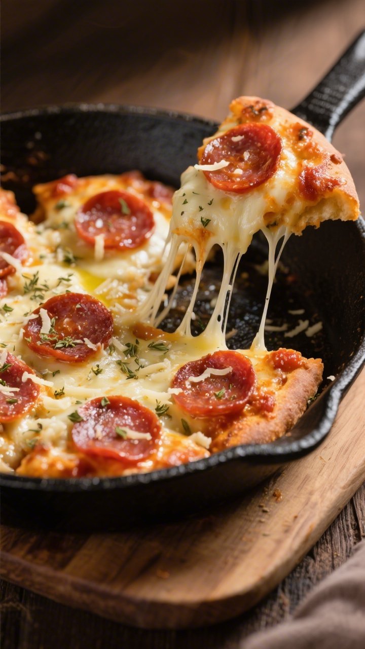45-degree skillet shot of one-pan pepperoni pizza bites: bubbly pools of melted shredded mozzarella and grated Parmesan around dollops of low-sugar marinara, studded with mini pepperoni slices crisping at the edges; finished with a glisten of olive oil and a sprinkle of dried oregano; served straight in a small black cast-iron skillet on a wooden board; strings of cheese stretching from a lifted bite to showcase gooey texture; rich, warm tones and directional light for irresistible, “cheat-day” appeal without the carbs.