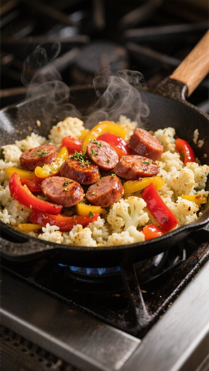 45-degree stove-top shot: Sausage, pepper, and cauli rice skillet, slices of smoked sausage seared with caramelized edges, red and yellow bell pepper strips glossy and tender-crisp, riced cauliflower sautéed until just golden in spots; a shimmer of olive oil, Italian seasoning visibly sprinkled; steam rising; served in a wide skillet with a wooden spoon tucked in.