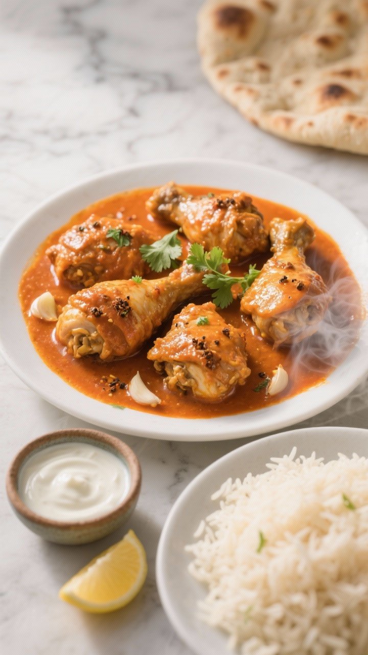 5-inch boneless chicken thigh pieces simmered in a lush, tomato-orange sauce with visible specks of garam masala, grated ginger, and minced garlic, garnished with fresh cilantro. Include a small side bowl of plain whole-milk yogurt and a lemon wedge to hint at the marinade, plus warm basmati rice and naan on a neutral marble surface. Soft, diffused light, minimal props, focus on the glossy, velvety texture and steam rising.