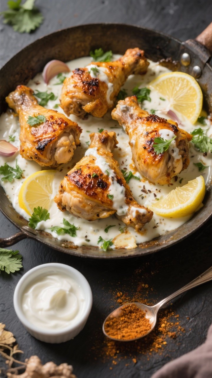 5-inch chicken thigh chunks in Greek yogurt, lemon juice, grated ginger, minced garlic, garam masala, and ground cumin—roasted until caramelized edges and slight char. Drizzle of creamy masala sauce pooled on the pan, with scattered cilantro and lemon wedges. Include a small ramekin of Greek yogurt and a spoon dusted with garam masala. Crisp, golden highlights and oven-roast browning emphasized.