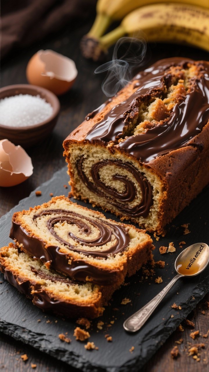 A 45-degree angle close-up of Chocolate-Crave Banana Bread with a dramatic fudge swirl: the loaf sliced to reveal ripples of glossy chocolate against tender banana crumb. Show hints of the ingredient story around it—melted unsalted butter sheen on the crust, a small bowl of granulated sugar, two eggshell halves, and a teaspoon marked “vanilla extract.” Crumbs on a dark slate board, warm tones, slightly moody shadows to emphasize the chocolate swirl, steam just visible, ultra-appetizing.