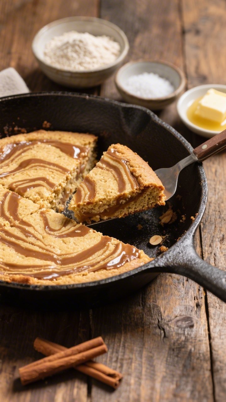 A 45-degree angle skillet scene of Cinnamon-Swirl Skillet Blondies fresh from the oven in a cast-iron pan, gooey centers visible where a slice is lifted slightly with a pie server. Distinct cinnamon swirl ribbons marbled through a golden almond flour blondie crumb. Nearby small bowls show the dry mix components: superfine almond flour, coconut flour, baking powder, baking soda, fine sea salt; plus a dish of melted unsalted butter. Rustic wooden table, gently diffused light, emphasizing warm cinnamon tones and soft, chewy texture, no people.
