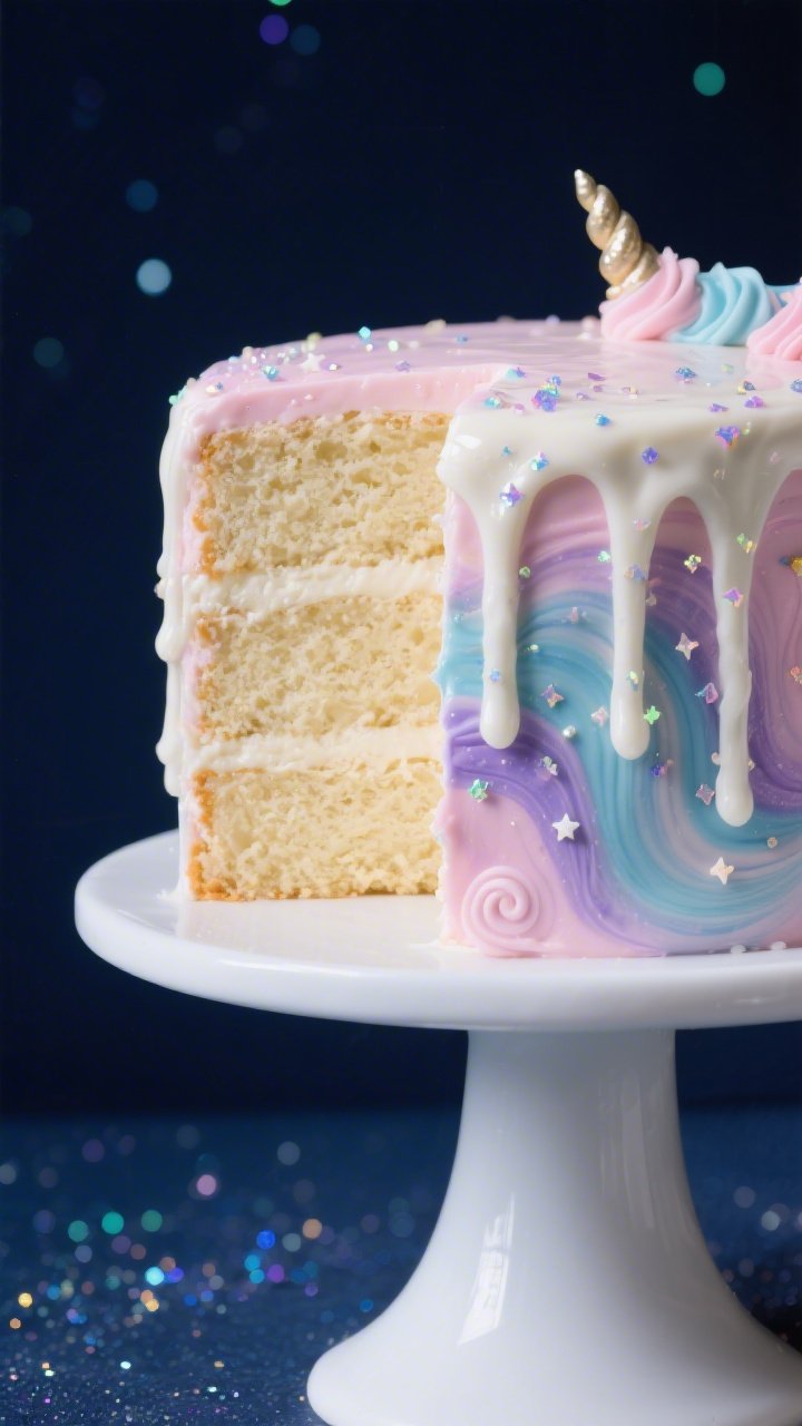 A 45-degree close-up of a Pastel Galaxy Unicorn Drip Cake With Stardust Swirls: three-layer vanilla cake crumb-coated and finished in buttercream tinted in soft pink, blue, and lavender galaxy marbling, with a glossy white chocolate drip cascading down the sides, iridescent stardust sprinkles, and delicate swirl piping; visible texture of tender crumb from all-purpose flour and rich sheen from unsalted butter and granulated sugar; styled on a white pedestal against a midnight-navy backdrop dusted with edible glitter, shallow depth of field, professional studio lighting emphasizing the dreamy pastel gradients.