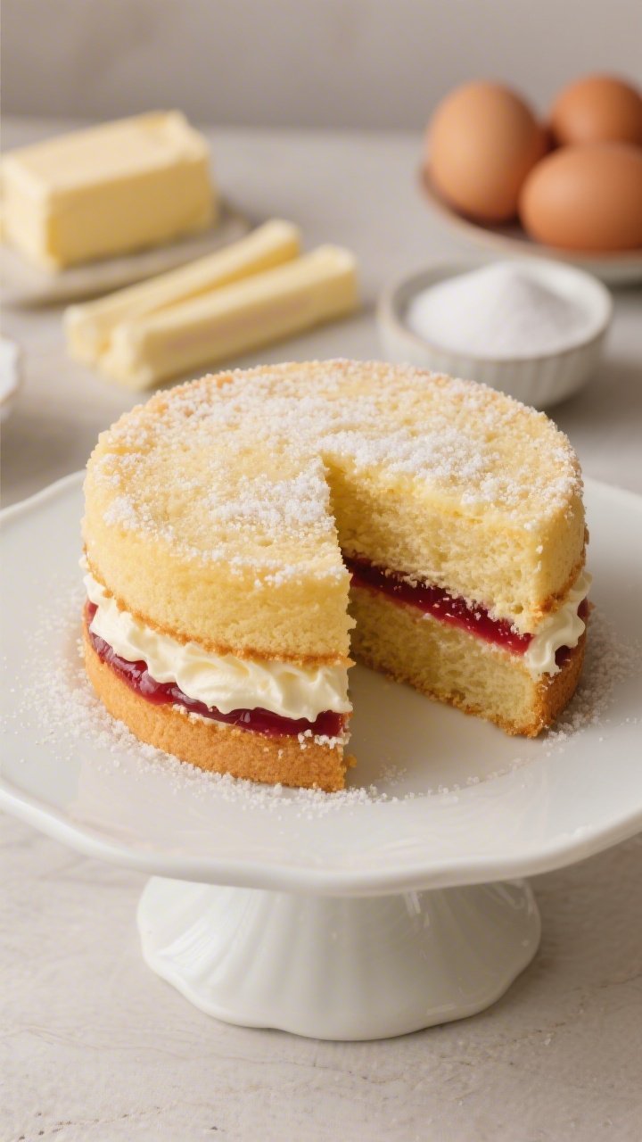 A 45-degree plated presentation of a classic Victoria sponge: two golden self-rising flour layers sandwiched with a thick stripe of ruby jam and a soft cloud of whipped butter-sugar filling peeking out, a light snowfall of granulated sugar on top; crumb is fine and tender, edges slightly crisp; served on a simple white cake stand with a serrated slice removed to reveal the layers; ingredients vignette in the background slightly out of focus—sticks of room-temp unsalted butter, four large eggs, and a small bowl of sugar; cozy, afternoon-tea mood.