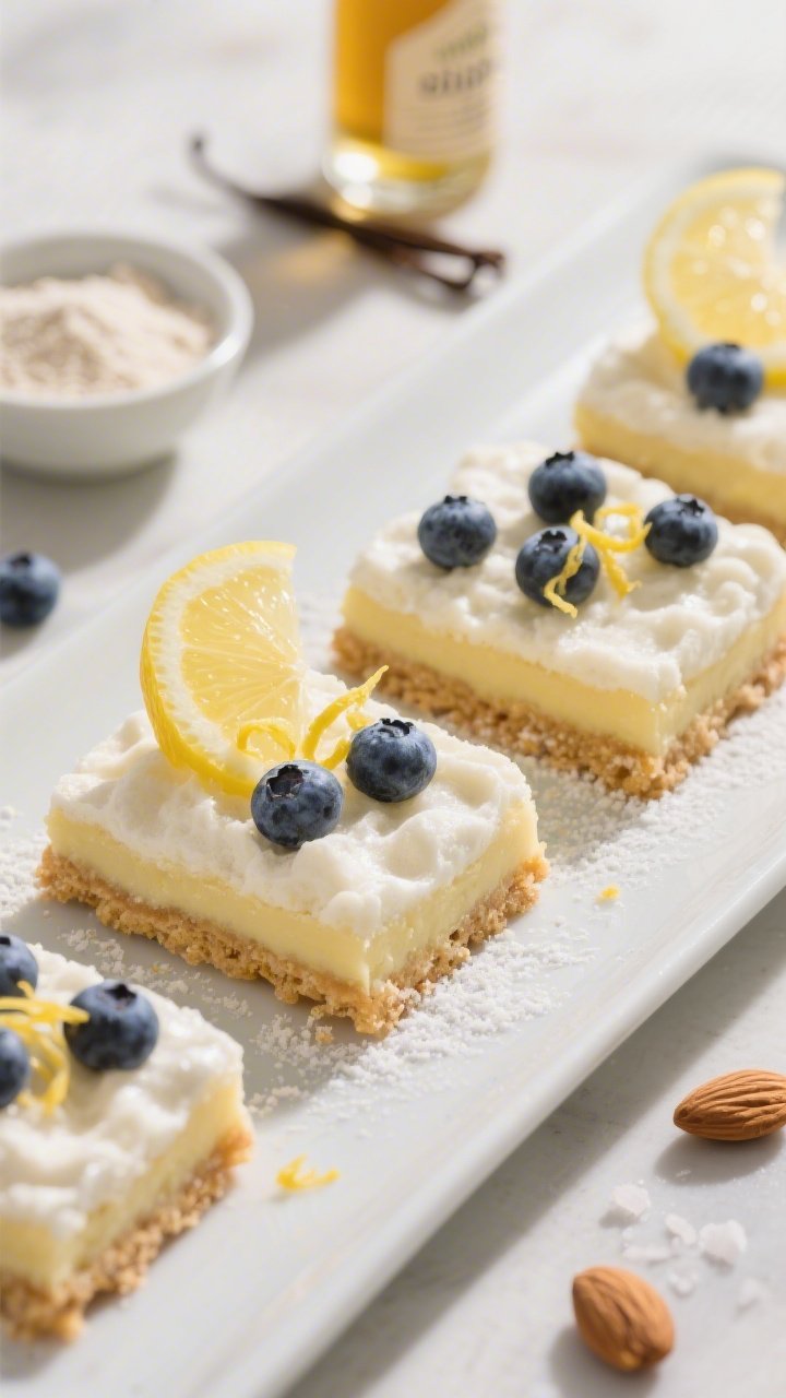 A 45-degree plated presentation of Lemon-Blueberry Cloud Bars with almond shortbread: neat squares with a golden almond shortbread base and a pale, airy lemon layer on top, studded with fresh blueberries. Edges are clean, a light dusting of powdered sweetener, curls of lemon zest, and a thin lemon slice garnish. Place a small bowl of almond flour and a bottle of vanilla extract in the background to hint at the base, with a tiny pinch of sea salt flakes nearby. Natural daylight with gentle shadows to highlight the fluffy “cloud” texture.
