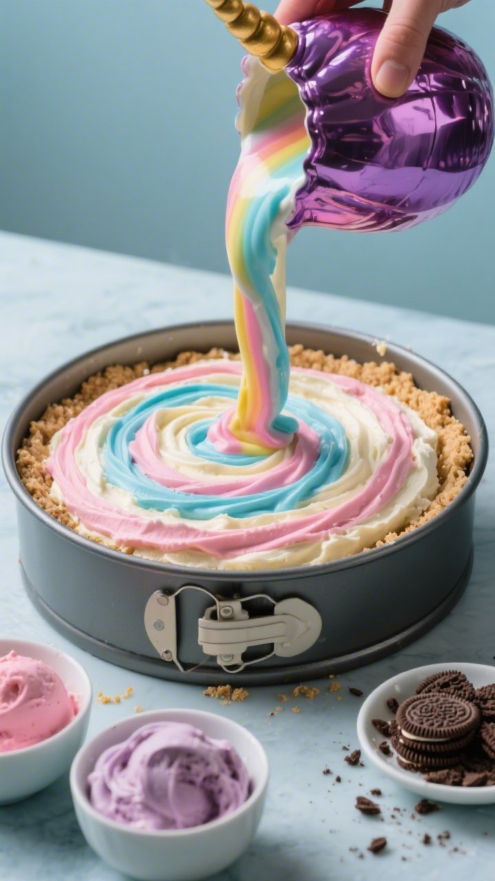 A 45-degree process shot of a No-Bake Ice Cream Unicorn Cake With Candy Shell: springform pan filled with a compacted crust of vanilla sandwich cookie crumbs, melted butter, and a pinch of salt, topped with swirled layers of softened vanilla ice cream colored pink, blue, and purple; a glossy candy shell being poured over the top in a rainbow ripple, pooling at the edges; nearby bowls show the tinted ice cream colors and a dish of extra cookie crumbs; cool-toned backdrop, hard light for shine on the shell and defined texture on the crumb crust.