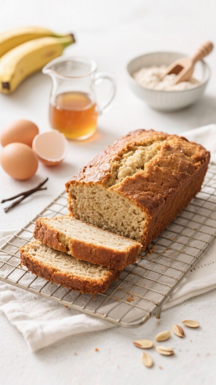 A bright 45-degree angle shot of Almond Flour Banana Bread (gluten-friendly) on a cooling rack: the loaf sliced to reveal a moist, tender crumb from fine almond flour, with a gentle sheen from melted coconut oil. Nearby, a small pitcher of maple syrup or honey, two eggs, vanilla extract bottle, and a bowl of almond flour with a wooden scoop. Light, airy styling with pale linens, minimal props, and clean natural light to emphasize extra moisture and wholesome ingredients, final baked result as the hero.