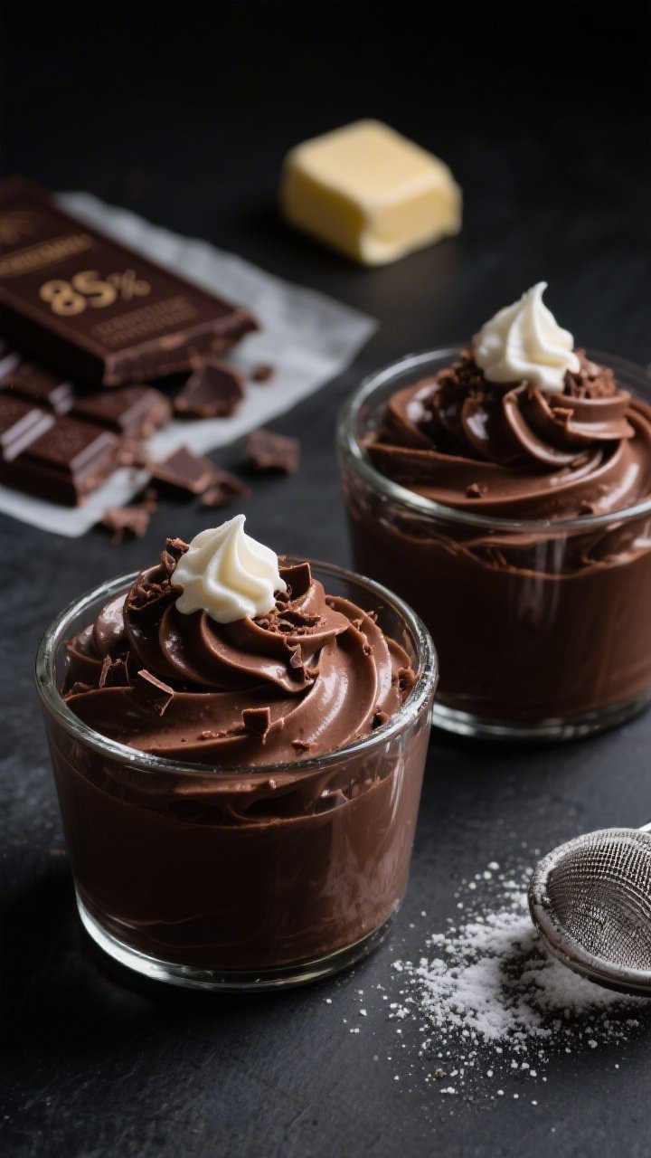 A close-up, 45-degree angle shot of Midnight Silk Chocolate Mousse piped into sleek glass ramekins, ultra-smooth and glossy, with soft peaks. Garnish with finely shaved 85% dark chocolate and a light dusting of powdered erythritol, a small quenelle of softly whipped heavy cream on top. Background props: a bar of 85% dark chocolate partly chopped, a pat of unsalted butter on parchment, and a small sieve with erythritol residue. Low-key moody lighting to emphasize the dark, velvety texture and melt-on-the-tongue richness, shallow depth of field, no people.