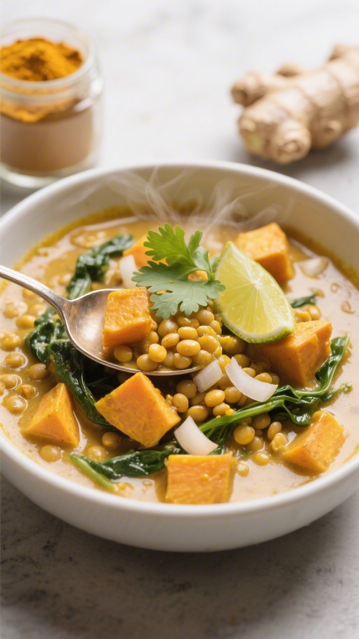 A close-up, bowl-to-camera shot of golden lentil coconut curry featuring tender sweet potato cubes, wilted greens, and yellow lentils in a glossy coconut milk base spiced with yellow curry powder, ginger, garlic, and diced onion. The curry is ladled into a shallow white bowl, micro steam visible, with a spoon groove showing its silky thickness. Garnished with a squeeze of lime and a few cilantro leaves. Warm, diffused lighting enhances the golden hue and creamy texture; background props include a small jar of curry powder and a piece of fresh ginger.