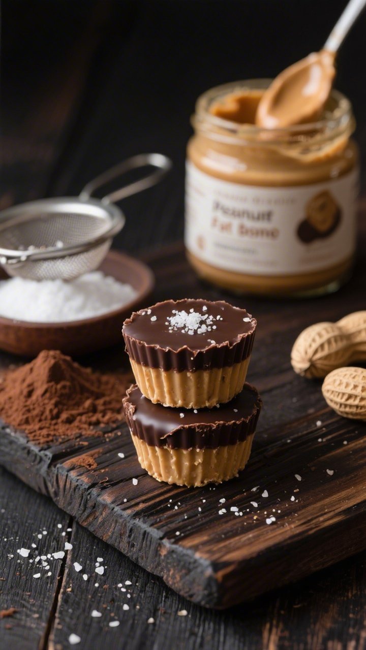 A close-up layered shot of Peanut Butter Cup Fat Bombs: neat stacks of two-tone bites with a glossy dark chocolate coconut-oil layer on top and a smooth natural peanut layer beneath, clean edges and slight sheen. Sprinkle of flaky salt on the chocolate, cocoa powder in a small sieve, powdered erythritol in a pinch bowl, and a jar of natural peanut butter with an oozing spoon. Shot at 45 degrees on a dark wood board for contrast, highlighting rich textures and tidy layers.