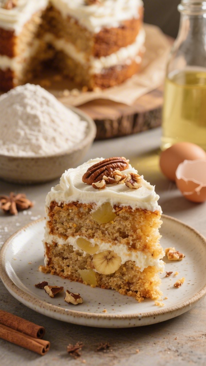 A close-up of hummingbird cake slice on a small ceramic plate: ultra-moist crumb flecked with cinnamon and nutmeg, visible bits of banana and pineapple implied by texture, crowned with lush cream cheese frosting and a sprinkle of chopped toasted pecans; warm, Southern sunshine vibe with golden backlight; in the background, a rustic layer cake on parchment-lined board; ingredients in soft focus—AP flour in a mound, granulated sugar, a bottle of neutral oil, and cracked eggshells; focus on the spiced crumb and frosting swoops.