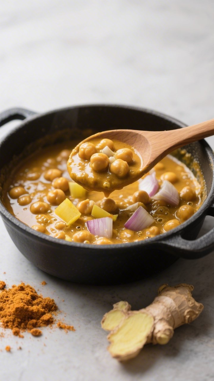 A close-up, straight-on shot of coconut chickpea curry simmering in a matte black saucepan: golden, velvety sauce from coconut oil and curry paste/powder enveloping plump chickpeas, diced yellow onion, minced garlic, and grated fresh ginger; gentle bubbles and glossy surface, a wooden spoon lifting a ladleful to show creamy texture and tender chickpeas; scattered curry paste smear and piece of ginger on the counter, minimalist backdrop, soft side light for a cozy, aromatic feel