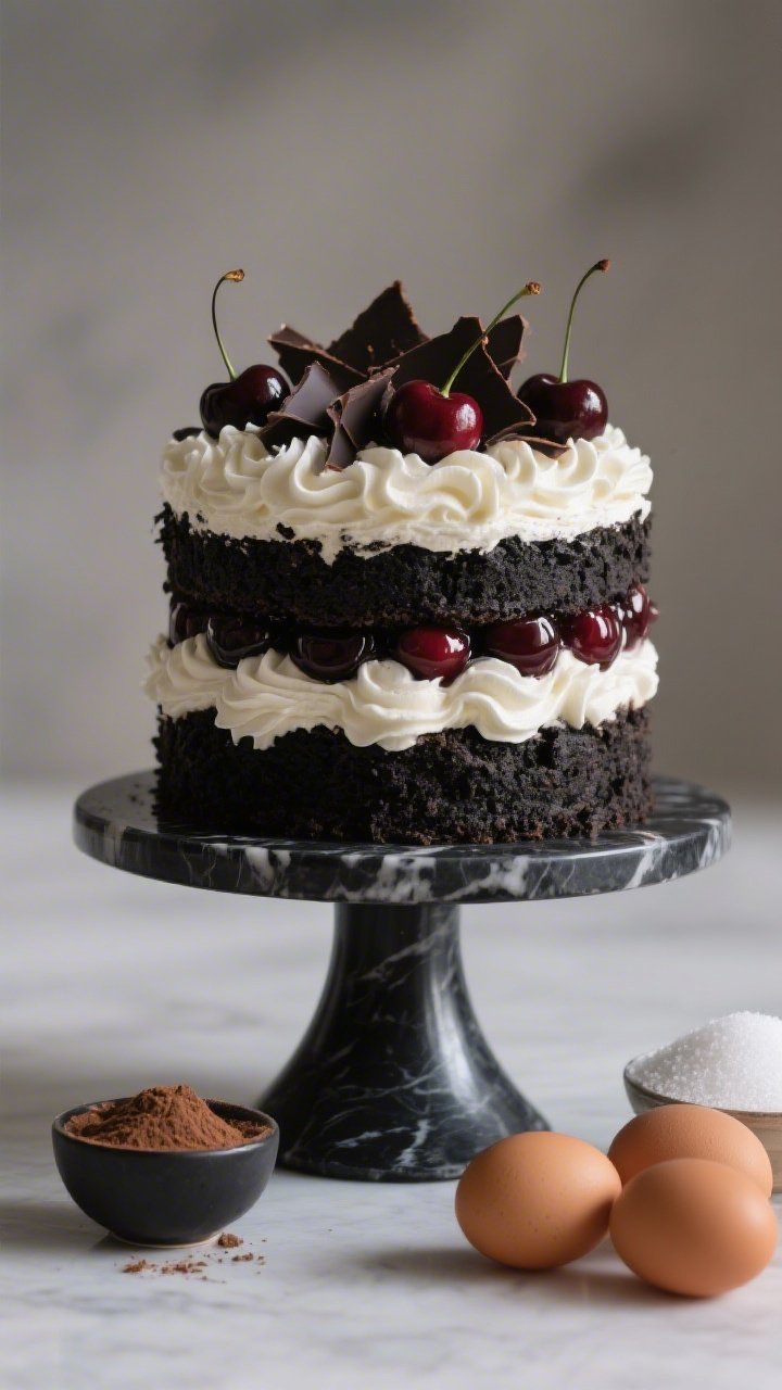 A dramatic straight-on portrait of a mile-high Black Forest cake: three deep, nearly black Dutch-process cocoa layers with glossy cherry filling between, cloaked in whipped cream swirls, topped with shaved dark chocolate and whole cherries with stems; visible crumb texture and moist sheen, elegant ballroom-inspired styling on a black marble pedestal, soft rim lighting for height and glam; ingredients hinted in frame: a small bowl of Dutch cocoa, a mound of granulated sugar, and three brown eggs to the side; professional studio look, shallow depth of field.