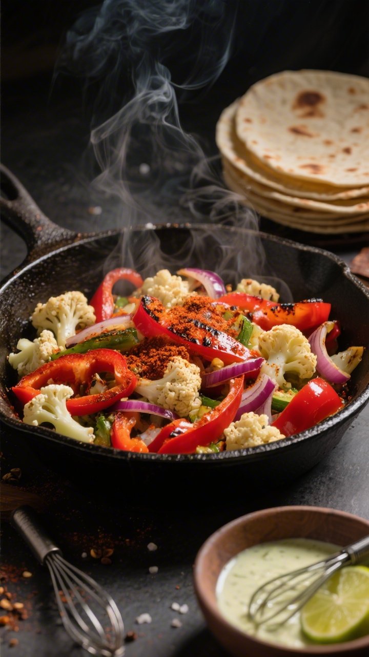 A dynamic 45-degree angle shot of sizzling veggie taco filling in a cast-iron skillet: sliced red bell pepper, red onion, and small cauliflower florets tossed in olive oil, dusted with chili powder, ground cumin, smoked paprika, and kosher salt; charred edges and vibrant colors, a bowl of zesty lime crema off to the side with lime halves and a small whisk, warm tortillas stacked in the background; moody, contrasty lighting to emphasize steam and spice, process-focused and appetizing