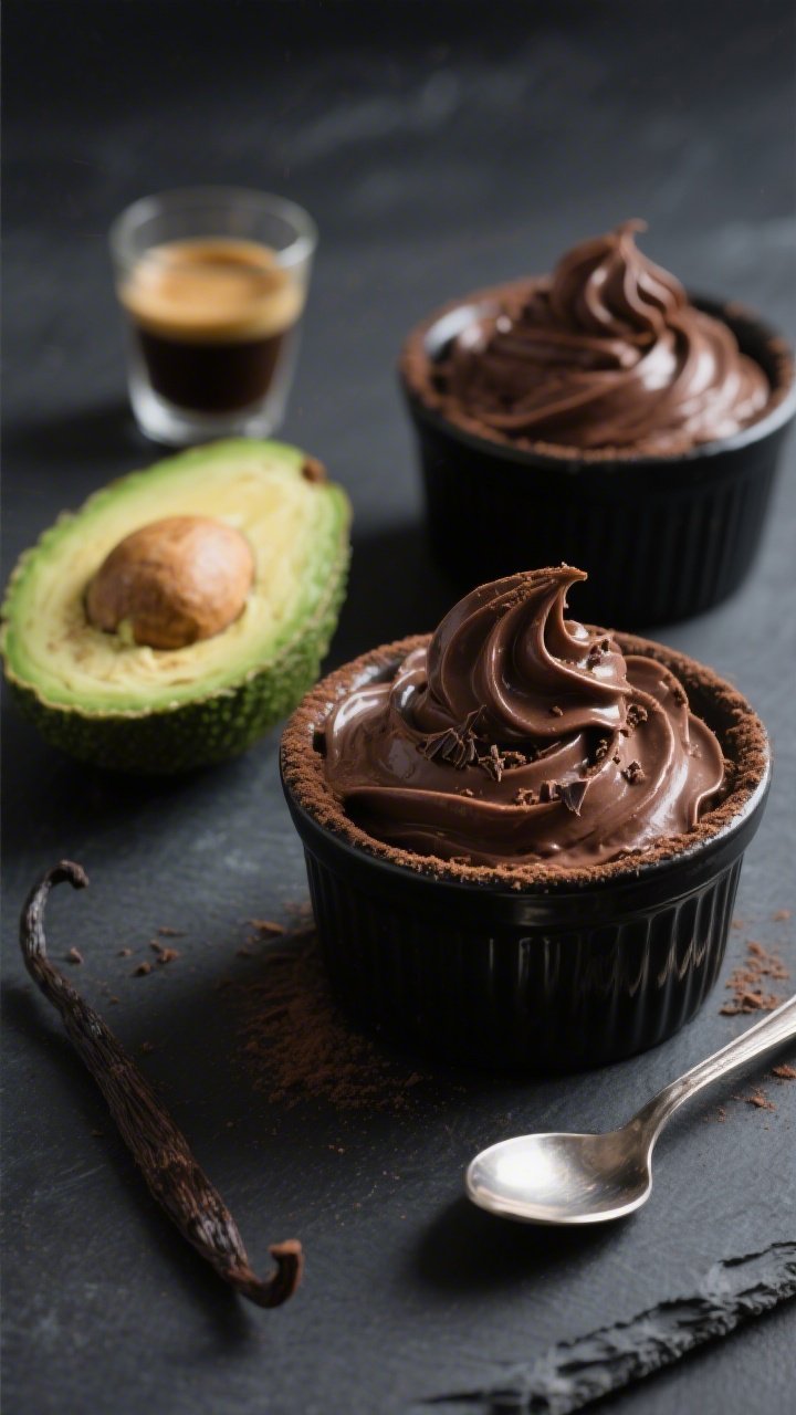 A moody close-up at 45 degrees of Silky Chocolate Avocado Mousse with an espresso whisper: glossy dark chocolate mousse scooped into small matte black ramekins, tiny swirls on top, fine dusting of unsweetened cocoa powder, micro-grated dark chocolate, and a faint drizzle ring of canned full-fat coconut milk. Include halved ripe avocados (green flesh visible), a small espresso shot glass to suggest the coffee note, a spoon showing the ultra-creamy texture, and a vanilla pod. Styled on a dark slate surface with soft side light to emphasize sheen and velvety texture.