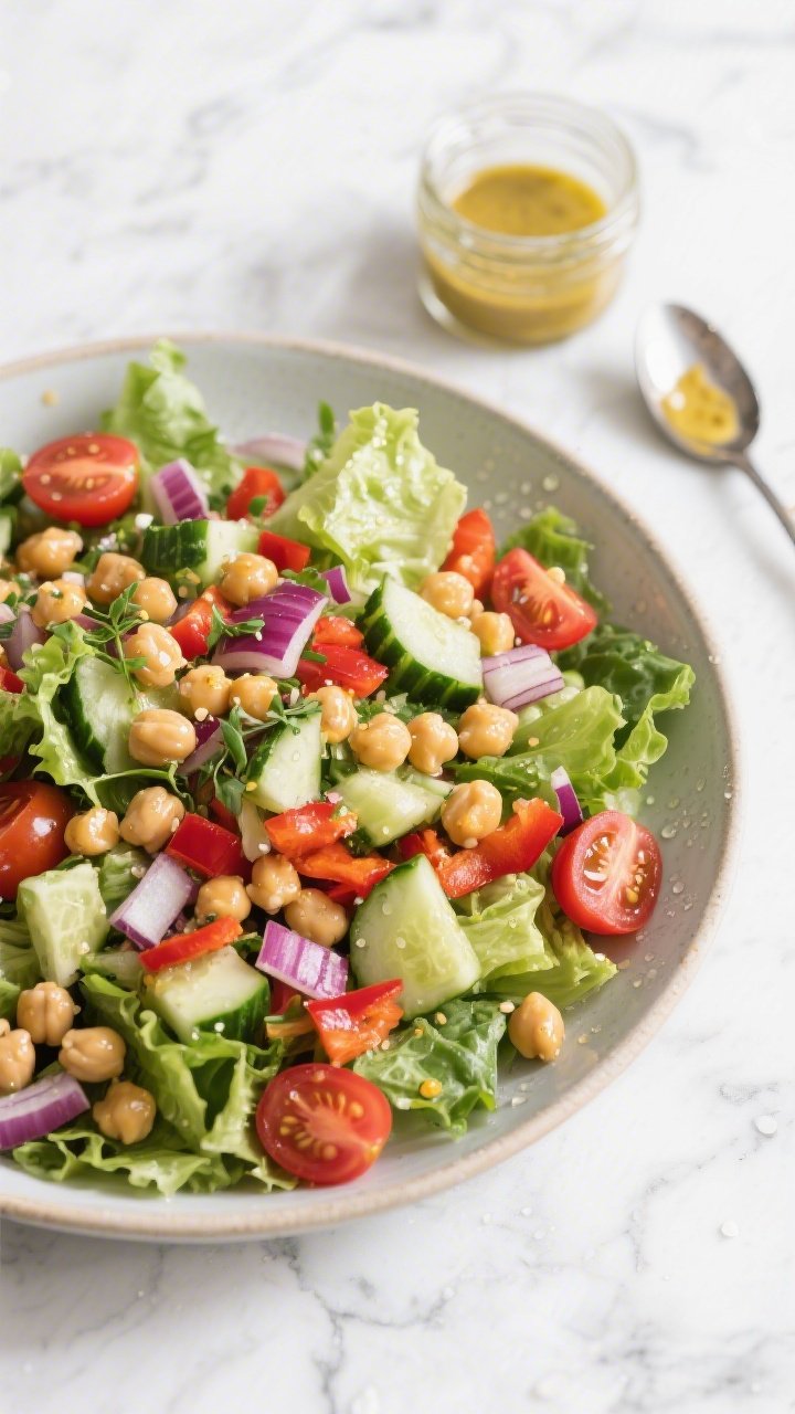A plated, overhead chopped chickpea salad bursting with crunch: a large shallow bowl filled with chopped romaine/mixed greens, English cucumber chunks, halved cherry tomatoes, finely chopped red onion, and chopped red bell pepper, tossed with canned chickpeas; glistening with a tangy Dijon vinaigrette visibly clinging to leaves, micro-droplets catching light; small jar of vinaigrette and a spoon with mustard streak nearby, clean marble surface, crisp daylight for fresh, vibrant appeal