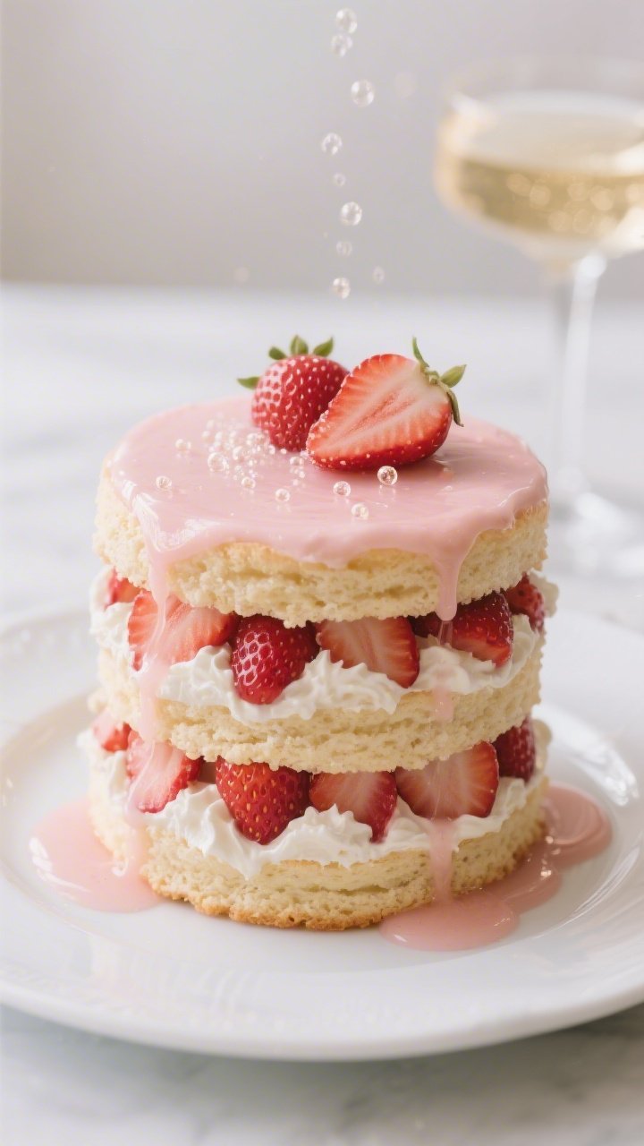 A plated, straight-on portrait of a Strawberry Champagne Shortcake Layer Cake: lofty shortcake layers brushed with champagne, filled with macerated strawberries and softly whipped cream, fresh strawberry slices and tiny champagne bubbles implied by glistening syrup. Pale blush-pink tones, semi-naked sides showing the layers, a drizzle of strawberry-champagne reduction pooling on a white ceramic plate. Elegant, airy styling with a chilled coupe of champagne blurred in the background.