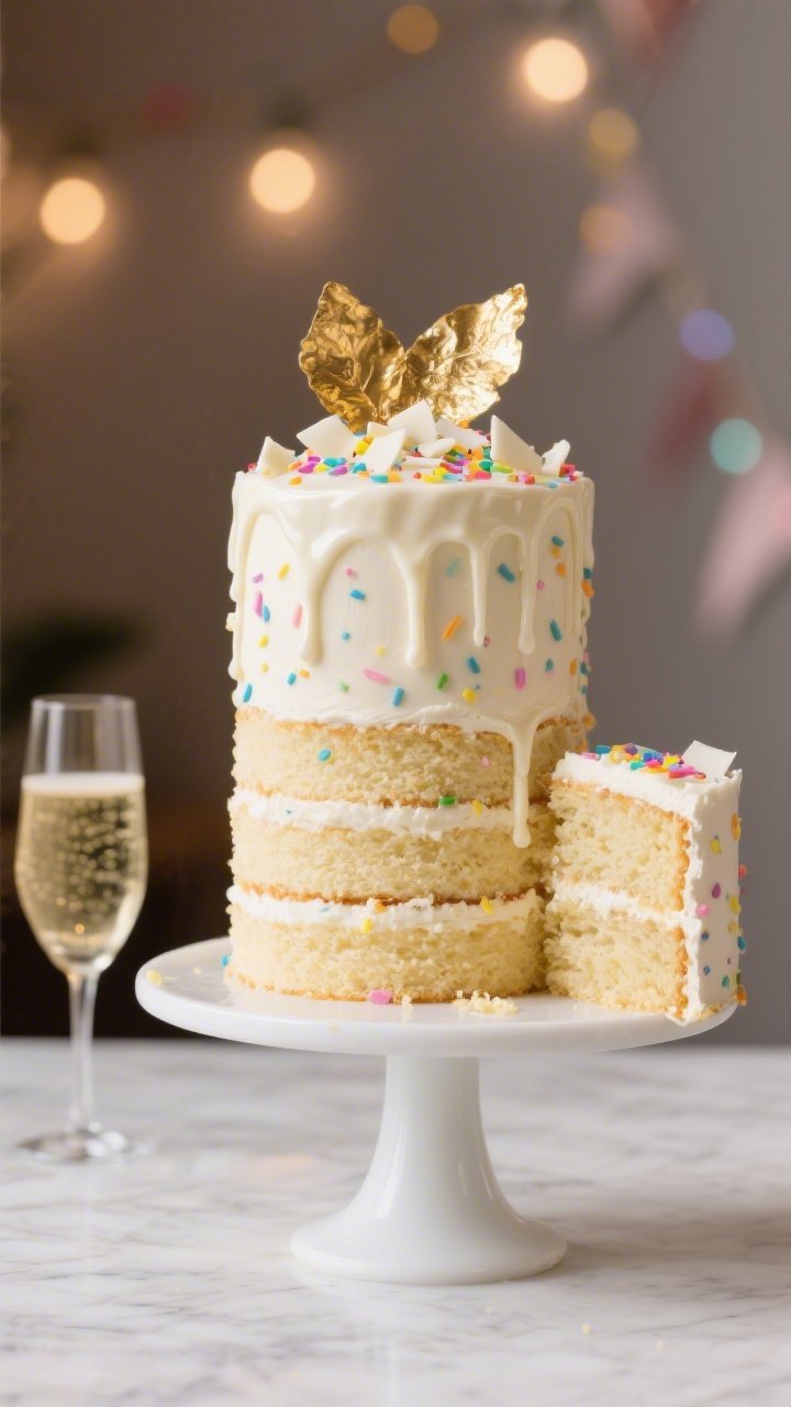 A straight-on hero shot of a tall Champagne Confetti Layer Cake with three pastel sprinkle-studded vanilla layers, silky champagne-infused buttercream, and a glossy white chocolate drip cascading down the sides; topped with edible gold leaf, rainbow confetti sprinkles, and tiny white chocolate shards. Set on a white cake stand over a pale marble surface with a chilled coupe glass of bubbly in the background, soft bokeh party lights, and a slice slightly pulled out to reveal the tender crumb. Professional lighting emphasizes the sheen of the drip, the airy crumb from cake flour and egg whites, and the buttery texture.