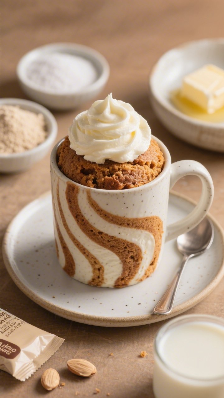 A straight-on mug hero for Cinnamon-Swirl Keto Mug Cake with cream cheese frosting: a ceramic mug showing a tall, tender crumb with a visible cinnamon swirl ribbon, capped with a thick swoop of cream cheese frosting. Ingredients subtly included: small bowls of almond flour and coconut flour, a packet or bowl of granulated erythritol, baking powder, a pat of melted butter, and a splash of unsweetened almond milk. Warm, homey lighting with a small plate and spoon beside the mug to suggest immediate indulgence.