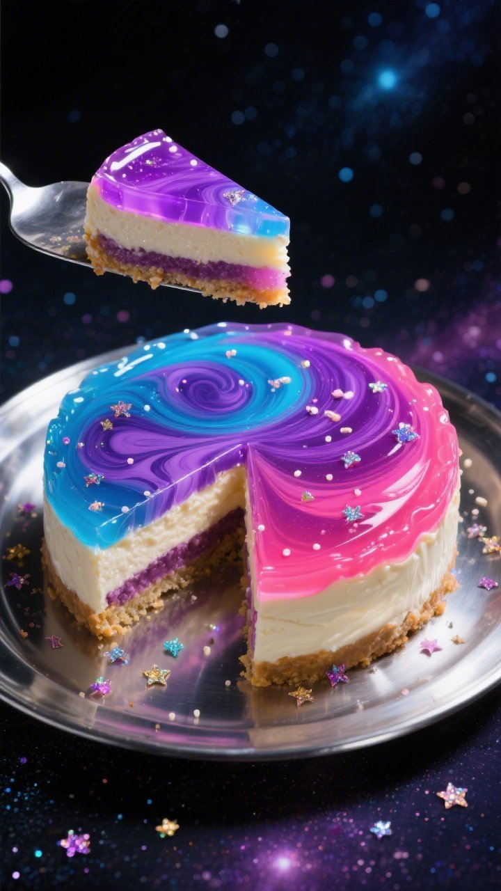 A straight-on, neon-bright No-Bake Galaxy Jello Shot Cheesecake on a chrome platter: marbled swirls of electric blue, ultraviolet purple, and hot pink gelatin layers set within a creamy cheesecake base, sharp slices revealing translucent jello shot strata. Edible glitter and tiny star sprinkles scattered over the glossy surface; a single slice lifted on a silver server to show wobbly, jewel-like layers. Dark cosmic background with subtle galaxy speckles, crisp highlights to emphasize the gelatinous shine and party-trick vibe.