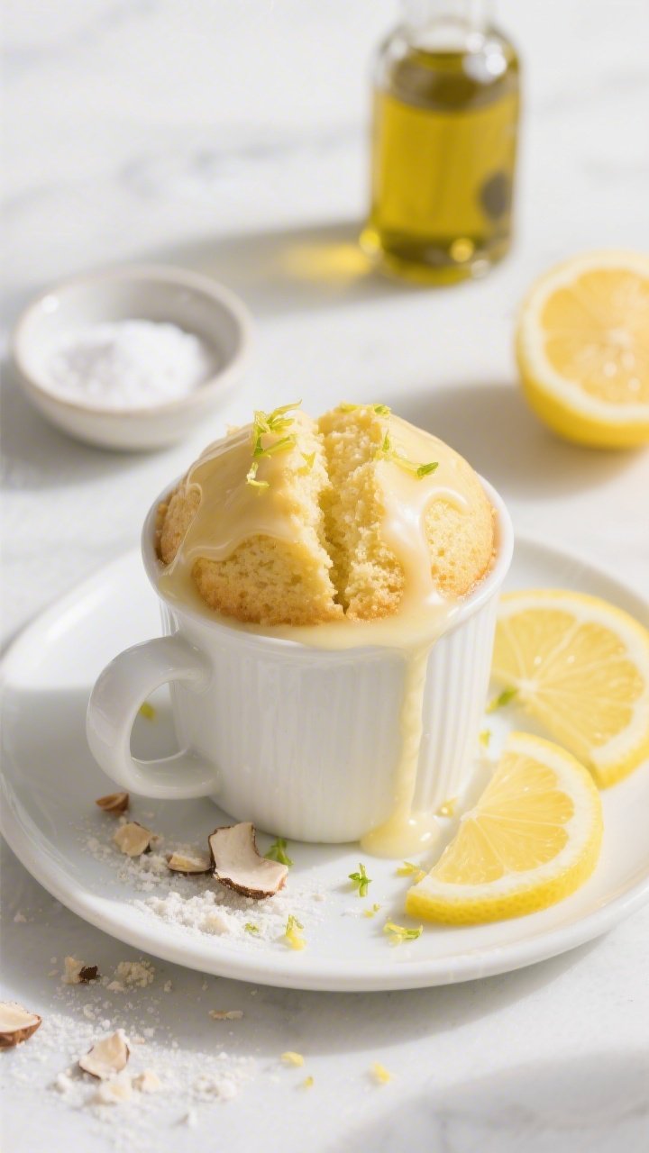 A straight-on, plated presentation of a Double-Lemon Olive Oil Mug Cake just microwaved in a white ceramic mug, domed top split slightly to show a tender crumb. Drizzle with a thin lemon-olive oil glaze, scatter fresh lemon zest and a few micro-crumbs of almond and coconut flour beside the mug. Include halved lemons and a small bottle of extra-virgin olive oil in the background, plus a pinch bowl with erythritol and a tiny heap of baking powder. Bright daylight, airy feel, emphasizing the sunny yellow tones and moist texture, no people.