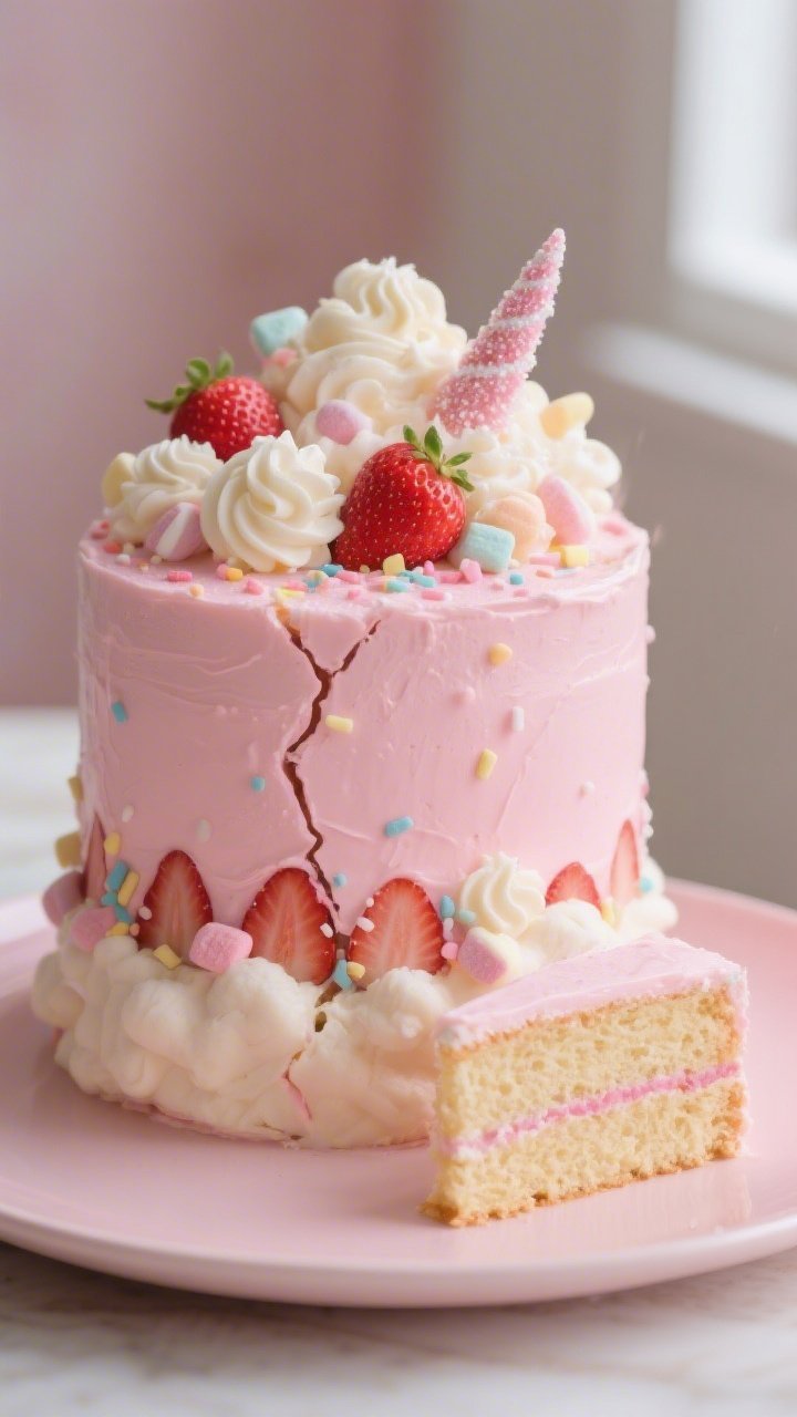 A straight-on plated presentation of a Strawberry Milk Unicorn Fault Line Cake With Candy Clouds: tall pink-tinted vanilla cake made with cake flour, baking powder, salt, butter, granulated sugar, and whipped egg whites for an airy crumb; buttercream in strawberry-milk blush tones with a “fault line” revealing a band of pastel confetti sprinkles and tiny strawberry candy pieces; crowned with fluffy candy clouds of spun sugar and piped rosettes; a clean slice on a matte blush plate in the foreground showing fine crumb and moist texture, soft window light and subtle backlighting to highlight the glossy fault line.