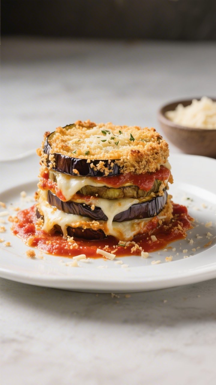 A straight-on plated presentation of baked eggplant Parmesan stacks: 1/2-inch eggplant rounds layered with bright marinara, melted Parmesan (or vegan parm), and finished with golden garlicky panko breadcrumbs and a hint of Italian seasoning. The stacks sit on a white ceramic plate with extra marinara swiped beneath, crumbs scattered artfully. The breadcrumb crust appears crisp and textured; edges of eggplant are bronzed. Side light emphasizes crunch and melted cheese pull, with a small bowl of panko and grated Parmesan in the background.