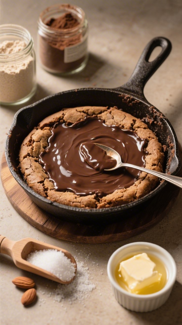 A straight-on skillet hero shot of a Double-Chocolate Skillet Cookie with a gooey center: baked in a small cast-iron pan, visibly crackled top with melted chocolate puddles, edges set and center slightly sunken to reveal gooeyness. Ingredients subtly staged around: a jar of cocoa powder, almond flour in a wooden scoop, granulated erythritol, and a pat of melted butter in a ramekin. A spoon breaking into the center to showcase the fudgey interior; warm, cozy tones with directional side light for shine and crumb detail.