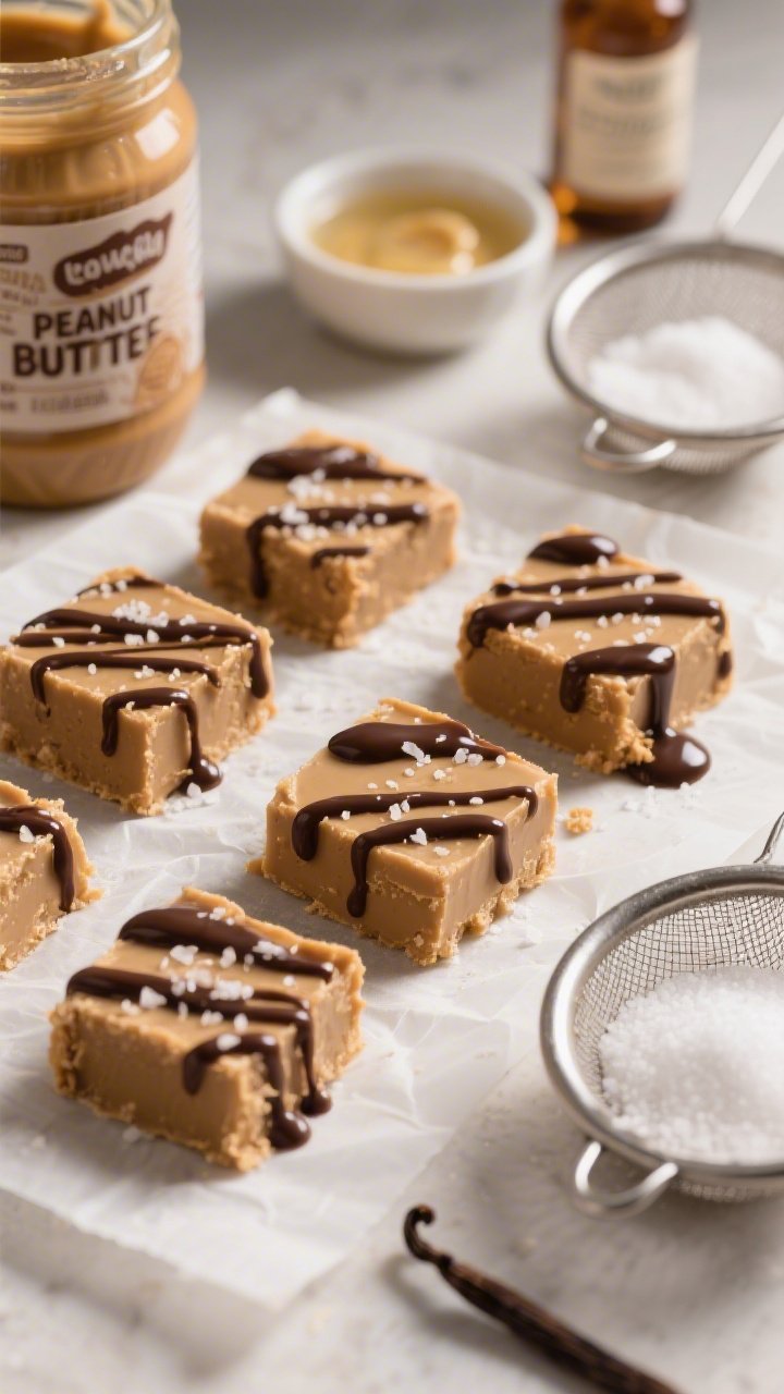 A tight close-up ingredients-and-prep shot of Peanut Butter Fudge Bites being finished: matte peanut butter squares on parchment with a slow, glossy dark chocolate drizzle crossing each piece. Visible textures: smooth fudge surface with a faint sheen, ribbons of melted chocolate, a sprinkle of fine sea salt crystals catching the light. Surrounding elements: jar of natural peanut butter (no sugar added), a small bowl of melted coconut oil, powdered erythritol in a sieve, vanilla extract bottle. Warm, inviting light, minimal props, no people.