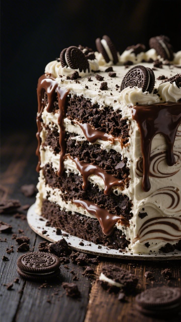A towering 45-degree angle shot of a Cookies ’N’ Cream cake: multiple layers packed with crushed chocolate sandwich cookies, thick ribbons of glossy hot fudge swirled between layers and on top, cookies embedded along the sides for texture. Smooth vanilla-cream frosting marbled with cookie crumbs, a dramatic fudge drip, scattered cookie rubble on a dark wood surface. High contrast lighting to emphasize swirl patterns and crunchy-creamy textures, indulgent and nostalgic yet polished.