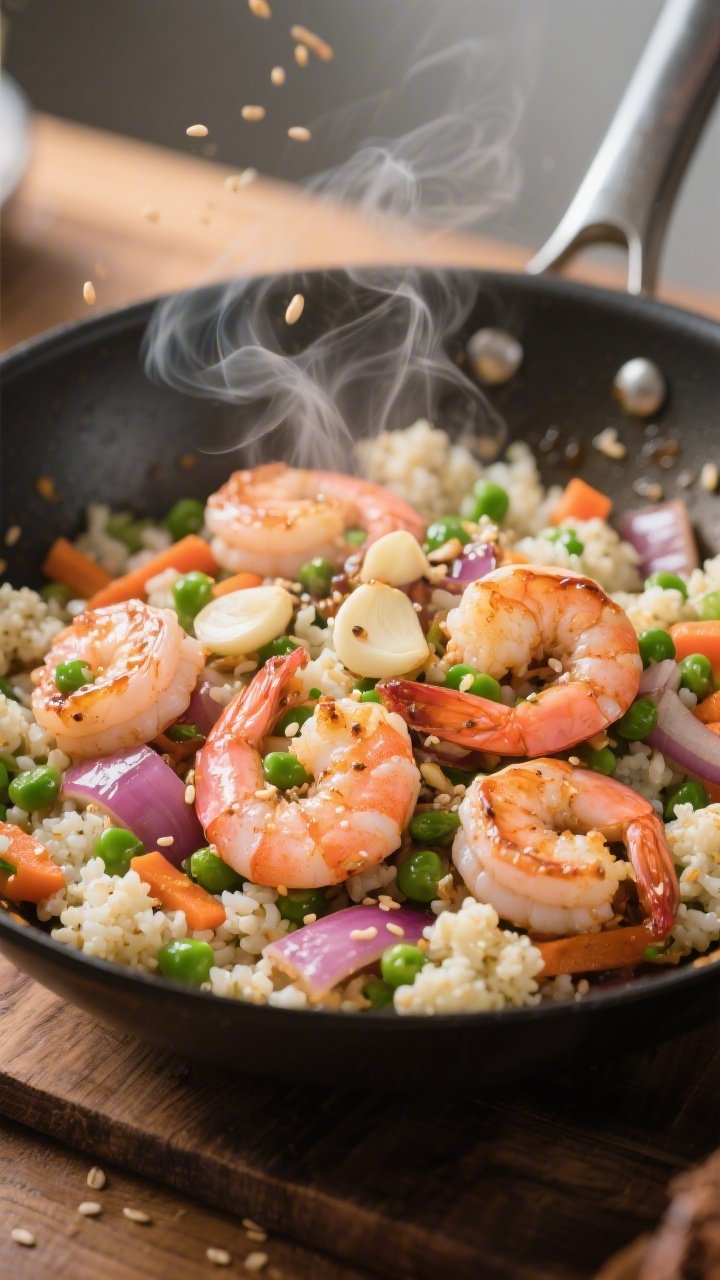 Action close-up of Zesty Cauliflower Rice Stir-Fry with Garlic Shrimp in a wok: pink, seared large shrimp tossed with minced garlic, diced onion, and cauliflower rice; glistening with coconut aminos and a hint of sesame oil, steam rising; scattered green peas and carrot bits for color, sesame seeds sprinkled; high-heat stir-fry energy captured with motion blur on a wooden countertop, directional top light for shine