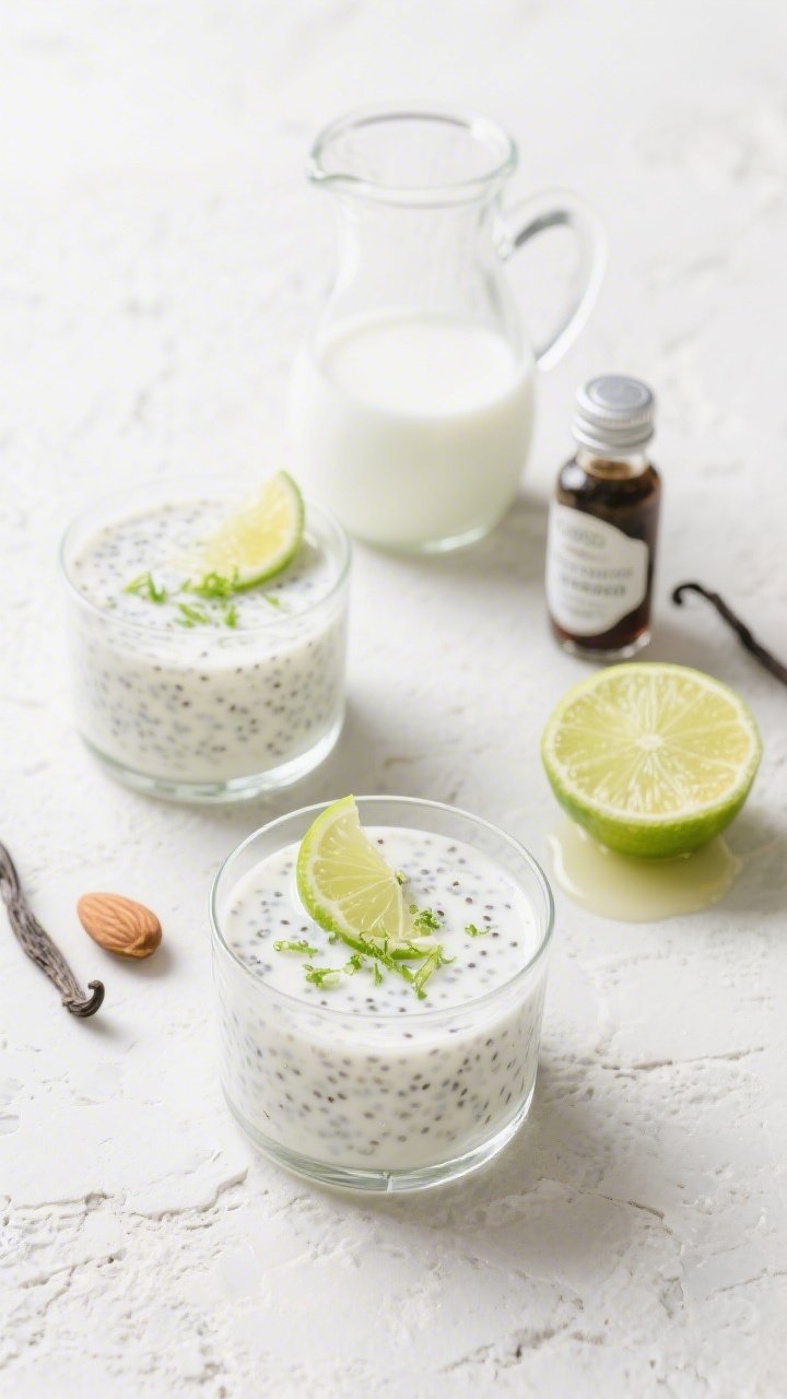 An elegant overhead minimalistic presentation of Coconut-Lime Chia Panna Cotta in clear low glasses: silky white coconut panna cotta speckled with tiny chia seeds, topped with micro-grated lime zest and a thin lime wheel. Small pitcher of canned full-fat coconut milk, a bottle of vanilla extract, and a cut lime with visible juice puddle set nearby; a note of almond milk in a carafe. Clean, bright setup on a pale stone backdrop, emphasizing creamy set texture and zesty green accents.