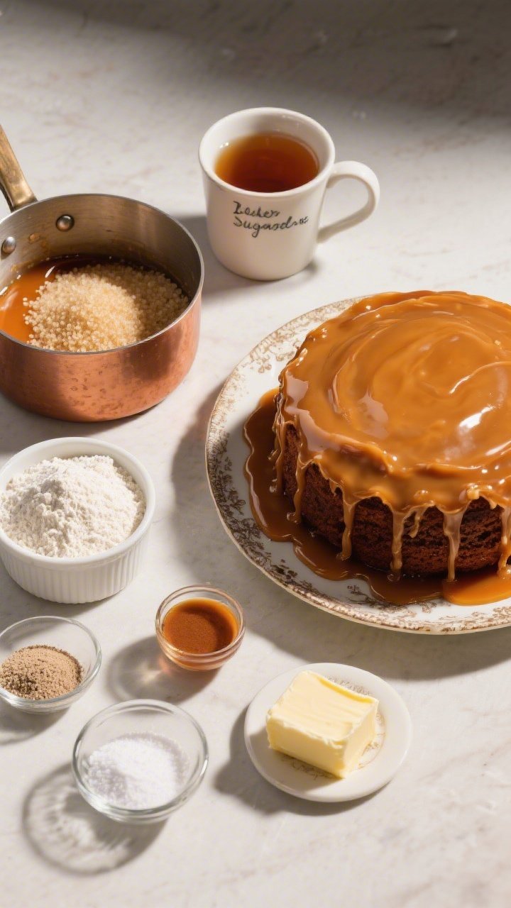 An ingredients-to-finish storyboard flat lay for old-fashioned burnt sugar caramel cake: left side shows a saucepan with granulated sugar in the amber stage of caramel, next to a cup of hot water labeled for syrup; center features measured cake flour, baking powder, baking soda, fine salt, and softened unsalted butter; right side displays the final frosted cake with a glossy burnt-sugar caramel glaze cascading down, set on a vintage plate; warm, rich tones highlight the caramelized hues; clean overhead composition with precise shadows, no people, professional food styling.