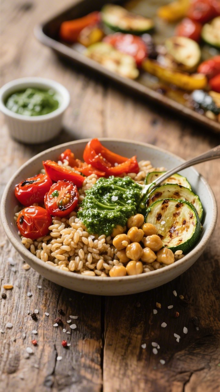 An overhead composed bowl of roasted veggie and pesto farro with crispy chickpeas: chewy farro as the base, topped with blistered cherry tomatoes, caramelized red bell pepper, seared zucchini half-moons, and crunchy, golden chickpeas. A vibrant green pesto is spooned over and lightly swirled through. Elements arranged in distinct sections for color contrast, sprinkled with flaky salt and cracked pepper. Set on a rustic wood table with a small ramekin of pesto and a sheet pan of just-roasted vegetables blurred in the background.