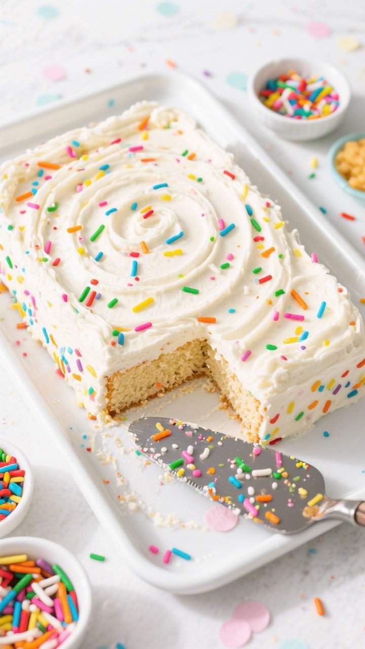 An overhead flat lay of a Confetti Funfetti Sheet Cake with a clean slice pulled out: white vanilla crumb studded with rainbow sprinkles, thick vanilla buttercream swirled on top with an explosion of multicolored jimmies cascading across the surface. Bright, high-key lighting on a white enamel sheet pan; a cake server dusted with stray sprinkles, small bowls of rainbow sprinkles and pastel confetti nearby. Vibrant party vibe, crisp edges, cheerful composition.