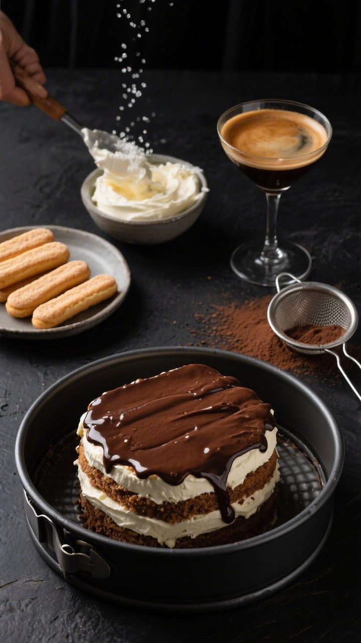 An overhead flat lay of an Espresso Martini Tiramisu Cake assembly scene: crisp ladyfingers (savoiardi) neatly arranged beside a shallow dish of cooled strong espresso spiked with vodka and coffee liqueur, a bowl of mascarpone filling with visible sugar being folded in, a fine-mesh sieve with cocoa powder, and a springform pan half-filled to show layered soaked ladyfingers and cream. Dark, moody styling on a charcoal backdrop with a chilled espresso martini in a coupe off to the side; tight focus on the glossy coffee soak and sugar crystals, no-bake vibe, clean lines, and rich coffee tones.