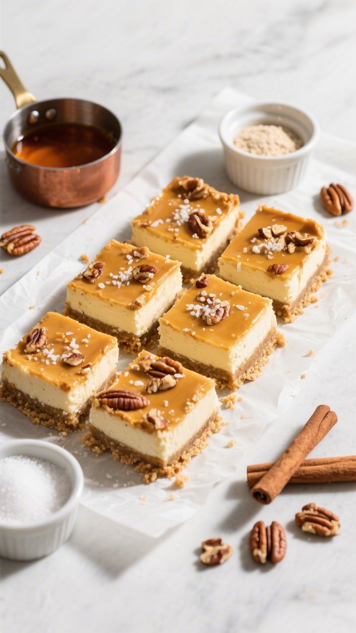 An overhead flat-lay of Burnt-Butter Pecan Cheesecake Bars cut into neat squares on a parchment-lined baking slab. The almond flour crust is visibly golden with chopped pecans, and the cheesecake layer is creamy with a glossy finish. Sprinkle of flaky sea salt on top for crunch. Surround with a small saucepan of browned butter (deep amber), a ramekin of superfine almond flour, granulated erythritol, ground cinnamon, and extra chopped pecans. Clean, high-contrast light to highlight textures of the crust and cheesecake layers, crisp shadows, no people.