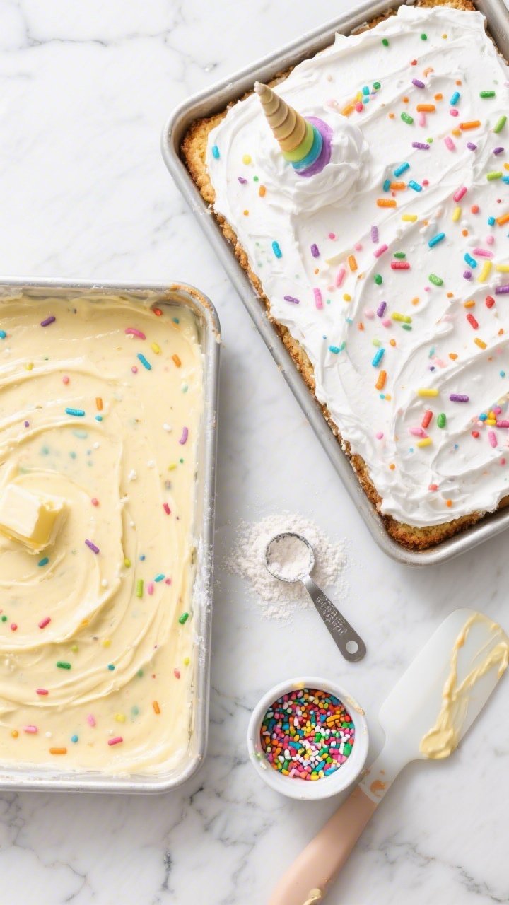 An overhead flat lay of Confetti Unicorn Sheet Cake With Rainbow Crunch just before baking and after frosting: left side shows a rimmed sheet pan batter speckled with rainbow sprinkles folded into a pale-yellow mixture of all-purpose flour, baking powder, baking soda, fine salt, melted unsalted butter, and granulated sugar; right side shows a baked sheet cake slathered with fluffy white frosting and topped heavily with colorful rainbow crunch sprinkles; props include measuring spoons dusted with flour, a small bowl of extra sprinkles, and a silicone spatula streaked with batter; shot on a bright marble surface with even natural light for crisp detail.