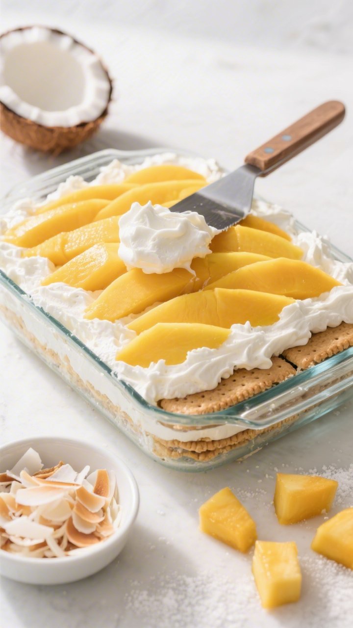 An overhead ingredient-and-assembly shot for a No-Bake Mango Coconut Icebox Cake: neat layers of mango slices, coconut milk–kissed whipped cream (heavy cream, cream cheese, powdered sugar, vanilla, full-fat coconut milk), and crisp tea biscuits/graham crackers in a glass dish to showcase strata. Bright tropical palette with golden mango, snowy coconut cream, and toasted coconut flakes in a small dish. Clean, natural light, minimal props; a spatula with a swoop of coconut cream, and a few extra mango cubes ready for the final chill.