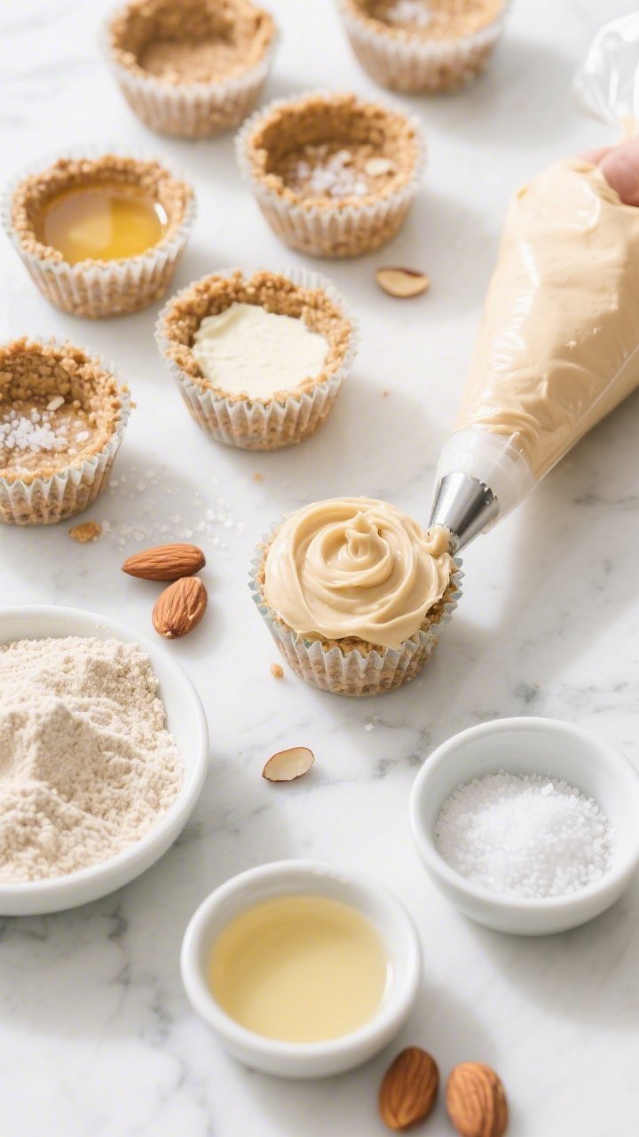 An overhead ingredient-to-assembly shot for No-Bake Almond Butter Cheesecake Cups with salted crunch: glass muffin cups lined up with a pressed crust of almond flour, melted butter, powdered erythritol, and a pinch of salt on one side; on the other, a piping bag filled with creamy almond-butter cheesecake filling (cream cheese and smooth almond butter) being swirled in. Scatter a few almond pieces for crunch, show bowls of almond flour, melted coconut oil, and sweetener, plus a tiny dish of flaky sea salt. Bright, clean light on a white marble surface to convey no-bake freshness.