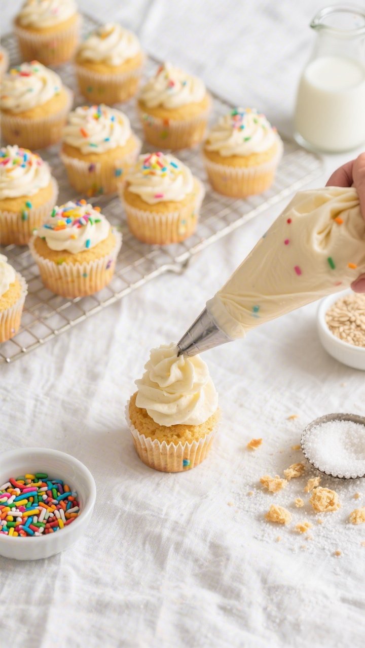 An overhead ingredients-and-final assembly scene for Vegan Funfetti Unicorn Cupcakes With Cloudy Vanilla Frosting: cooling rack of golden cupcakes made with all-purpose flour, granulated sugar, baking powder, baking soda, fine salt, and oat milk, flecked with rainbow sprinkles; a piping bag swirling tall, fluffy dairy-free vanilla frosting into cloud-like peaks; small bowls of sprinkles and a jug of oat milk off to the side; crumbs and a dusting of sugar for texture; bright, airy styling on a white linen with soft natural light to emphasize the tender crumb and playful funfetti colors.