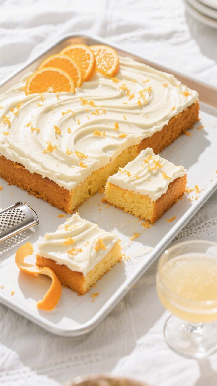 An overhead sheet-pan presentation of a Birthday Brunch Mimosa Sheet Cake: vibrant zesty orange sponge with a pale, ultra-creamy frosting swirled in soft waves, fresh orange zest sprinkled over the top, thin orange segments fanned across one corner, and a light champagne glaze brushed to a subtle sheen. Slices cut into neat squares; a zester, curled orange peel, and a small glass of mimosa placed nearby. Bright morning light, airy brunch mood, clean white enamel sheet pan on a linen-draped table.
