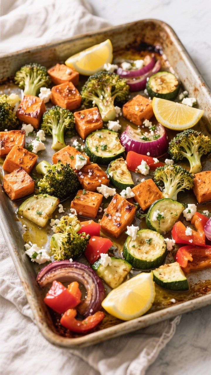 An overhead sheet-pan scene of roasted veggies just out of the oven: caramelized cubes of sweet potato, broccoli florets with crisped tips, zucchini half-moons, chopped red bell pepper, and red onion wedges glistening with olive oil and speckled with kosher salt; crumbles of herby feta scattered over hot vegetables, lemon halves ready to squeeze at the edge of the pan; rustic baking tray on a linen, bright natural light to highlight color contrast and roasted textures, process-to-serve transition