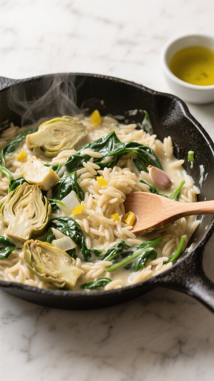 An overhead shot of a creamy spinach-artichoke orzo skillet served straight from a matte black pan: glossy orzo coated in a velvety sauce with wilted spinach ribbons, tender quartered artichoke hearts, and translucent bits of finely chopped yellow onion and minced garlic visible throughout. Steam rising, a wooden spoon resting in the skillet, a small bowl of low-sodium vegetable broth and a drizzle of olive oil nearby on a light marble surface. Warm, inviting mood with soft natural side light to highlight the creamy texture and sheen.