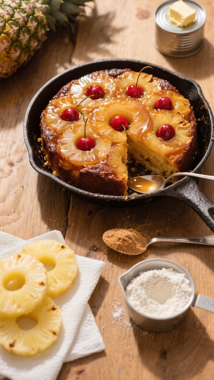 An overhead shot of a sizzling pineapple upside-down cake just turned out of its skillet: perfectly caramelized pineapple rings glistening in a buttery brown sugar glaze, maraschino cherries nestled in the centers, sticky edges catching light; the cast-iron pan nearby with residual caramel, a pat of unsalted butter melting on a spoon; raw elements arranged around the scene—canned pineapple rings patted dry on paper towels, a small pile of packed light brown sugar, and a measured cup of all-purpose flour; summery, bright styling on a warm wood surface.